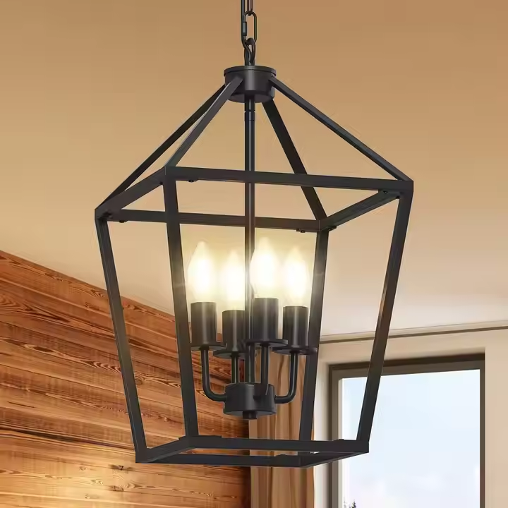 Retro Oil Rubbed Bronze Hanging Lamp Cage 4-light Black Farmhouse Iron Lantern Pendant Light Chandelier for Kitchen