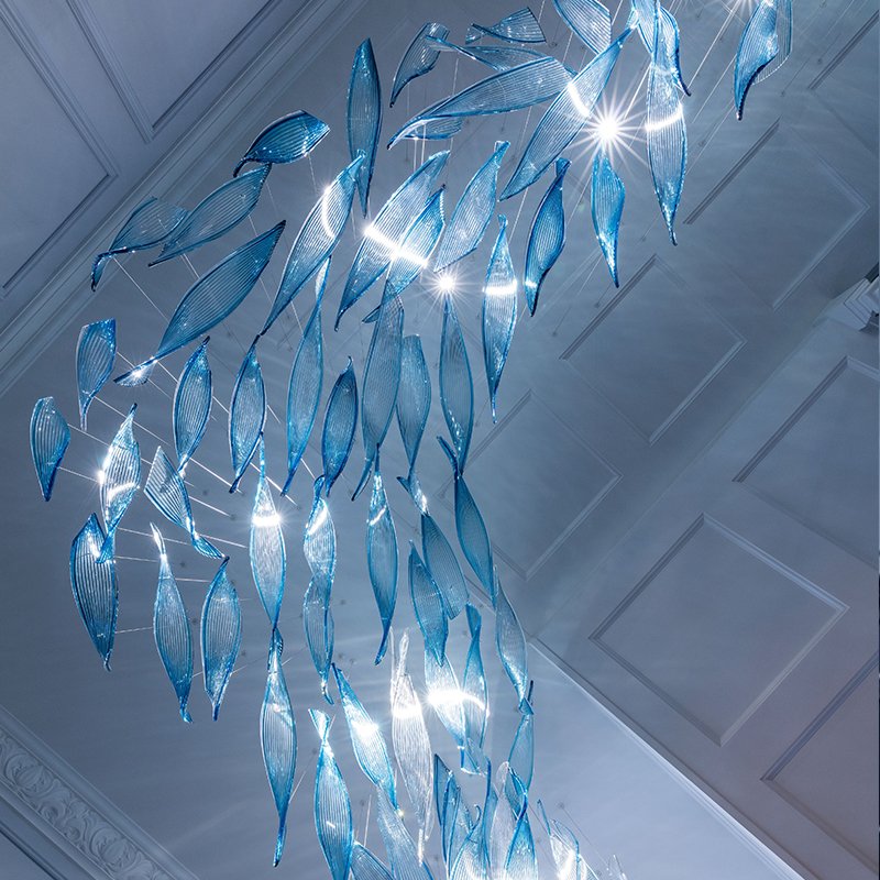 Private Residence Art Acrylic Blue Color Waved Crystal Ribbon Chandelier