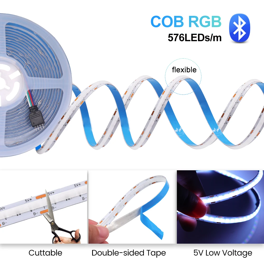 New Arrival DC 5V USB RGB COB LED Strip 576Leds/M Bluetooth APP Control TV BackLight for Home Decoration