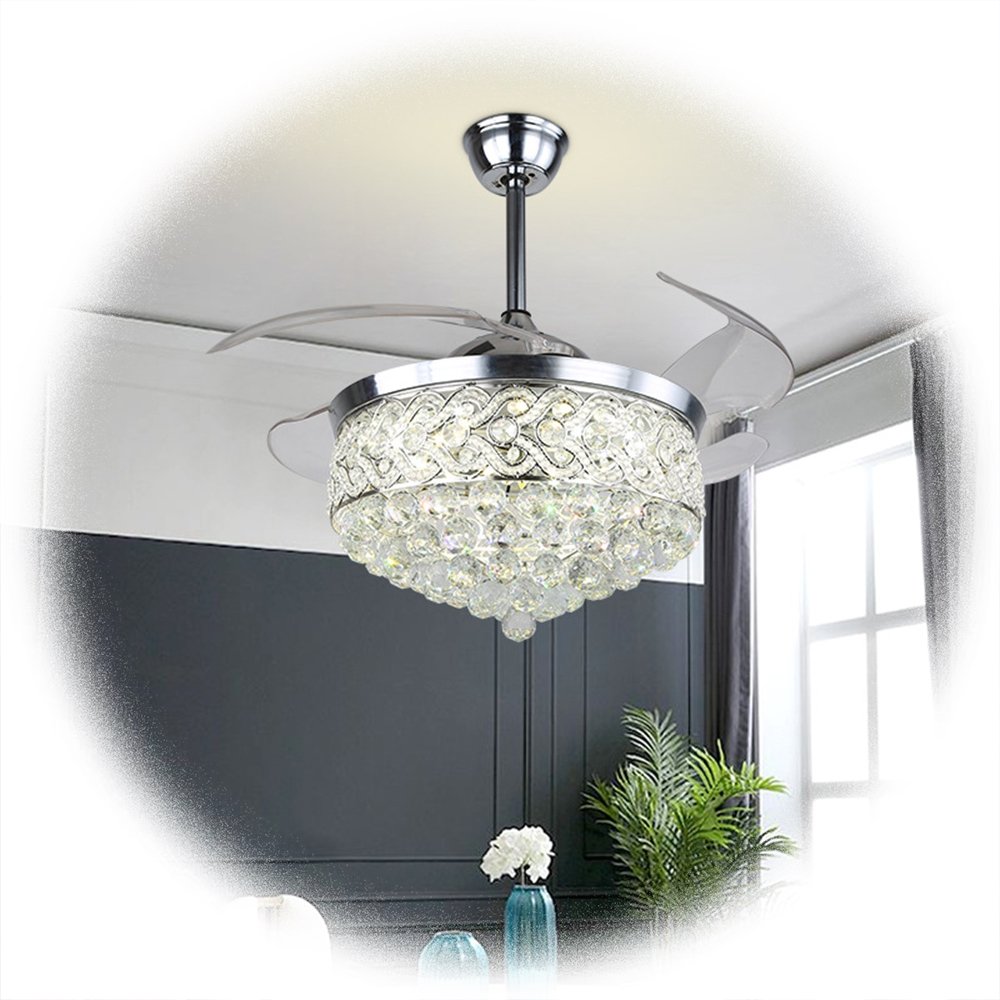 Ceiling Fan Luxury Decorative LED Chrome Retractable Crystal Chandelier Invisible Fan with Led Light, Outdoor Bedroom Silver 13