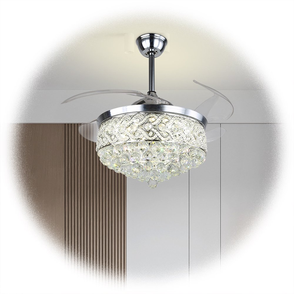 Ceiling Fan Luxury Decorative LED Chrome Retractable Crystal Chandelier Invisible Fan with Led Light, Outdoor Bedroom Silver 13