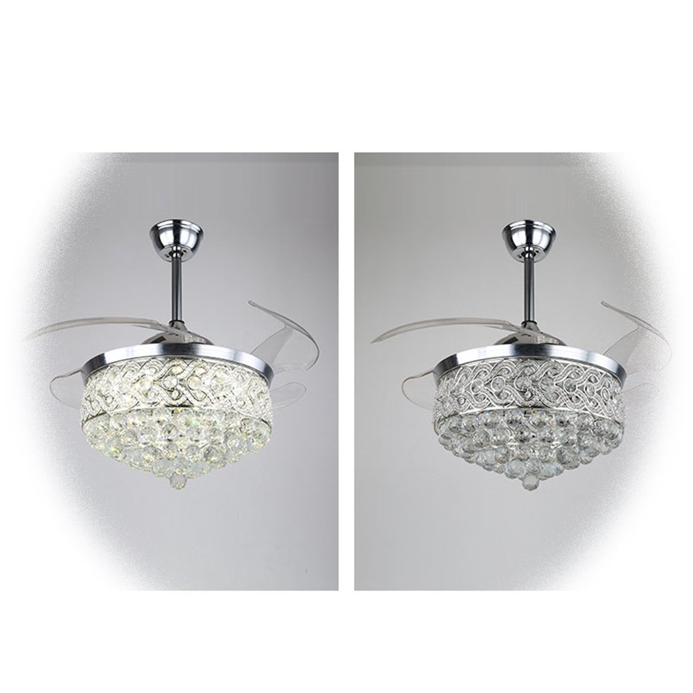 Ceiling Fan Luxury Decorative LED Chrome Retractable Crystal Chandelier Invisible Fan with Led Light, Outdoor Bedroom Silver 13