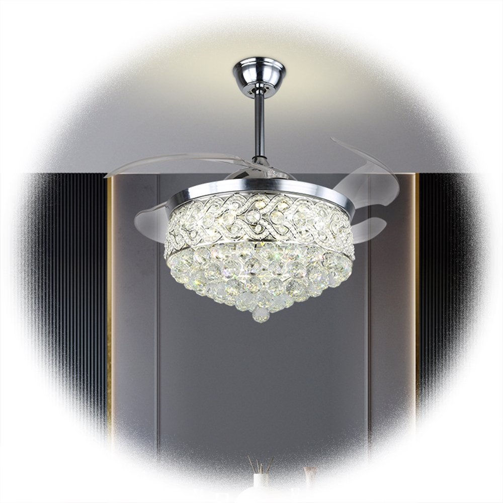 Ceiling Fan Luxury Decorative LED Chrome Retractable Crystal Chandelier Invisible Fan with Led Light, Outdoor Bedroom Silver 13