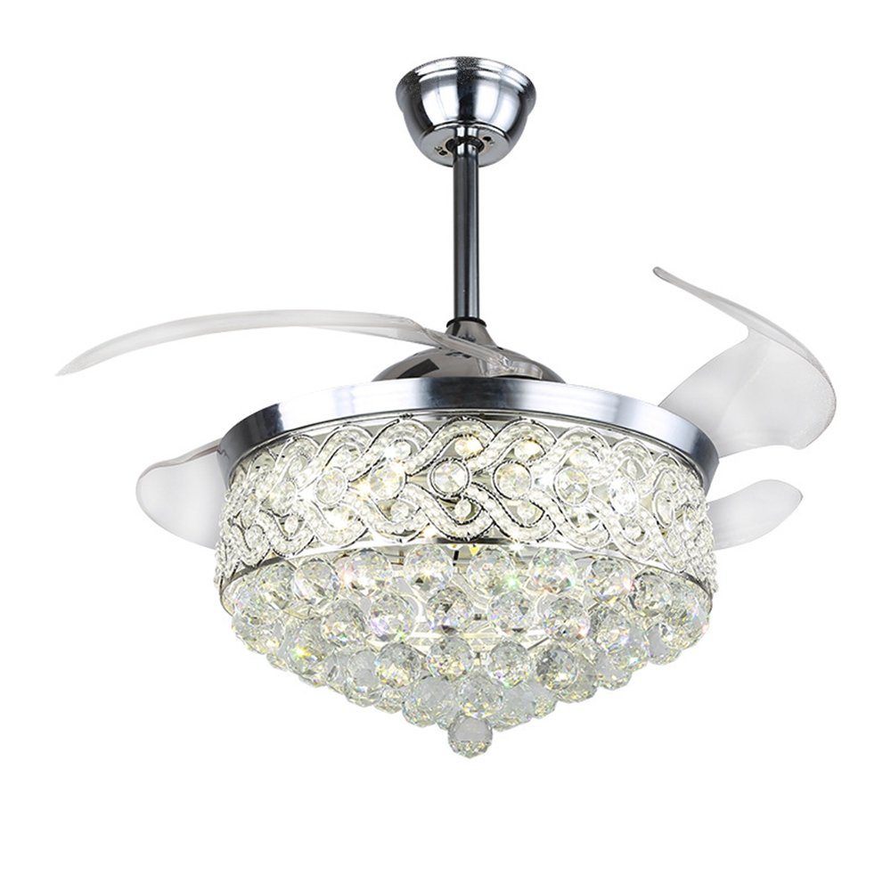 Ceiling Fan Luxury Decorative LED Chrome Retractable Crystal Chandelier Invisible Fan with Led Light, Outdoor Bedroom Silver 13