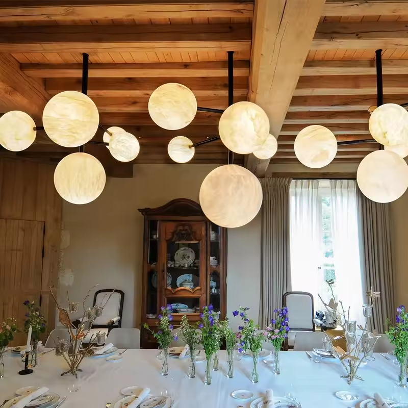 Spanish Full Copper Luxury Alabaster Dining Room Pendant Light Modern Minimalist Room Restaurant Marble Ball Chandelier