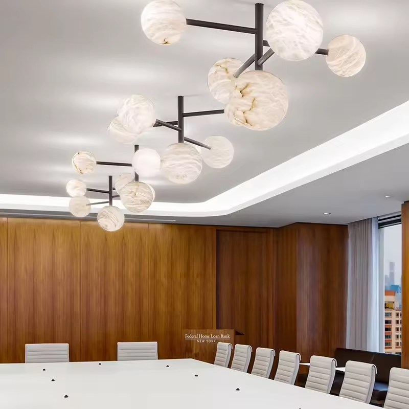 Spanish Full Copper Luxury Alabaster Dining Room Pendant Light Modern Minimalist Room Restaurant Marble Ball Chandelier