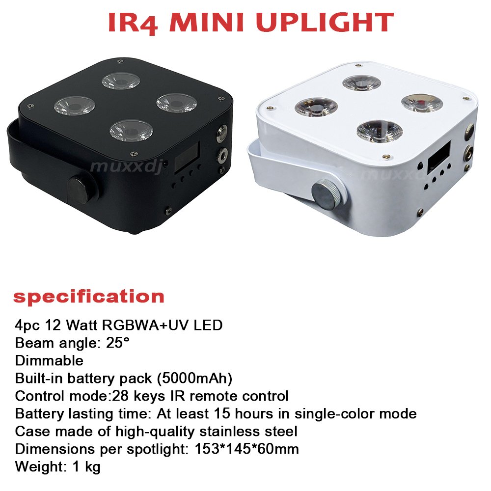 Muxxdj Wireless DMX IR4 Uplights 4x12w RGBWA UV LED Battery Powered Mini Uplight for Wedding Party DJ Events IR Remote&WIFI