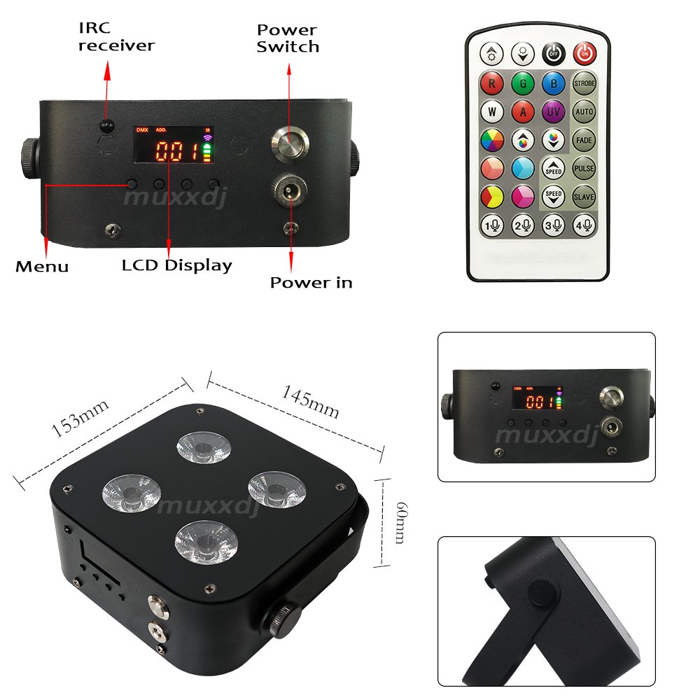 Muxxdj Wireless DMX IR4 Uplights 4x12w RGBWA UV LED Battery Powered Mini Uplight for Wedding Party DJ Events IR Remote&WIFI