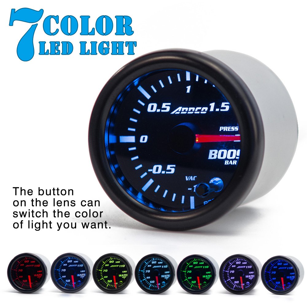 Car Bar Turbo Boost Gauge Auto 2" 52mm 7 Color LED Smoke Face Meter With Sensor and Gauge Holder AD-GA52BOOSTBAR