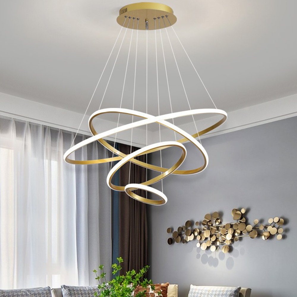 Round Three-ring Chandelier Modern Simple Gold LED Remote Control Three-color Dimming Living Room Bedroom Indoor Lighting