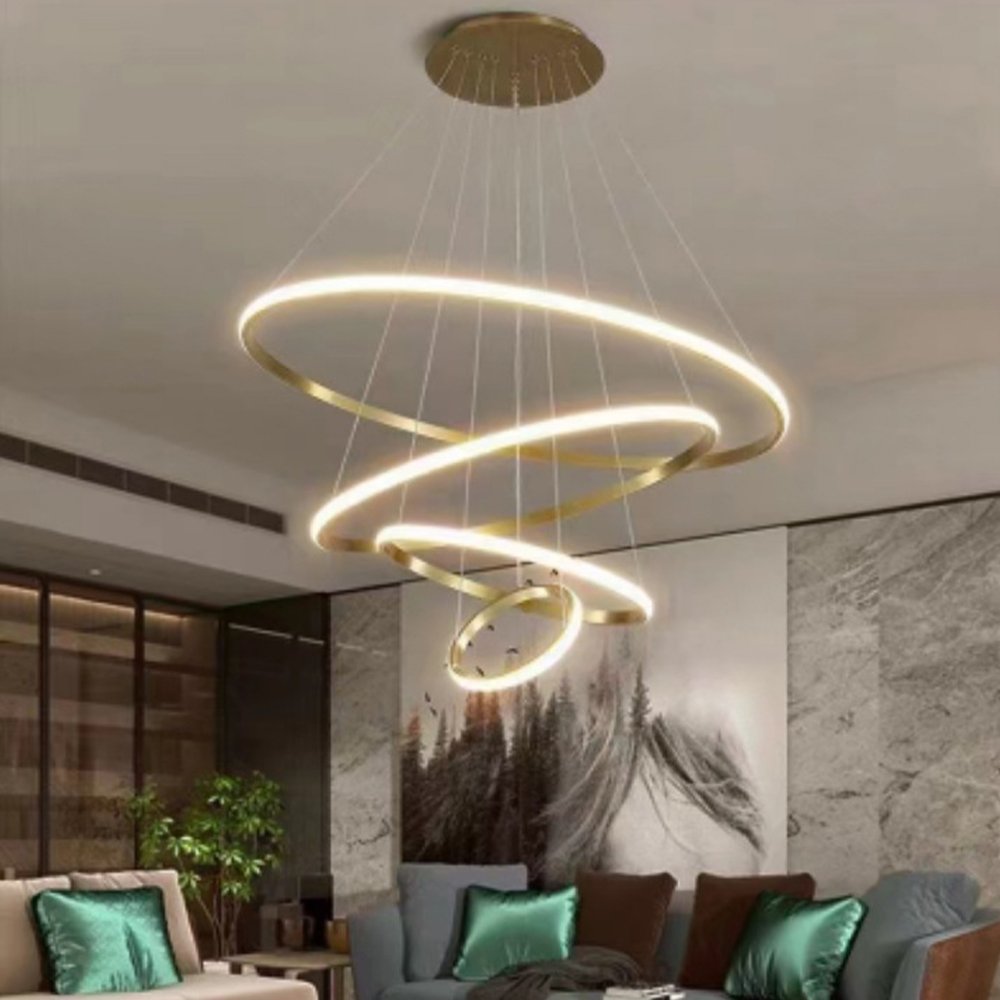 Round Three-ring Chandelier Modern Simple Gold LED Remote Control Three-color Dimming Living Room Bedroom Indoor Lighting