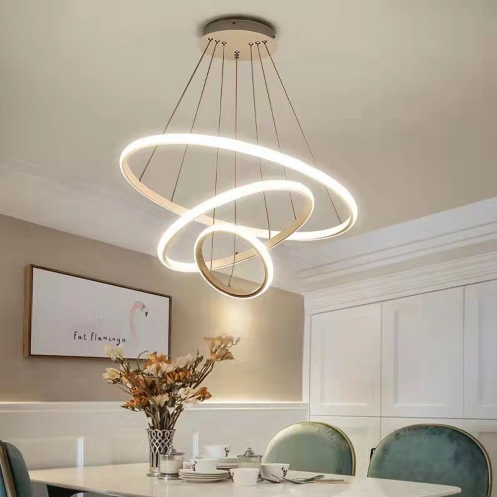 Round Three-ring Chandelier Modern Simple Gold LED Remote Control Three-color Dimming Living Room Bedroom Indoor Lighting