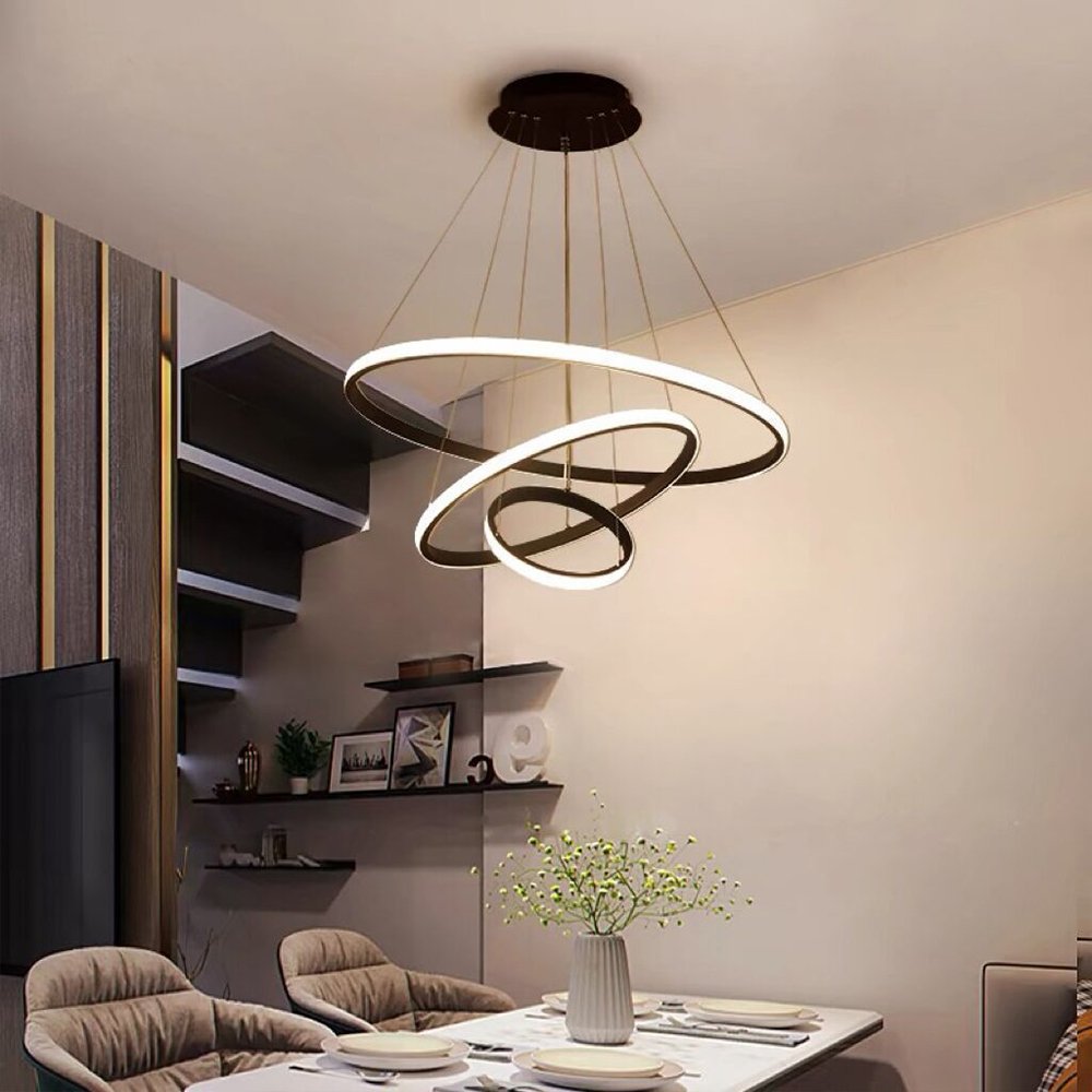 Round Three-ring Chandelier Modern Simple Gold LED Remote Control Three-color Dimming Living Room Bedroom Indoor Lighting