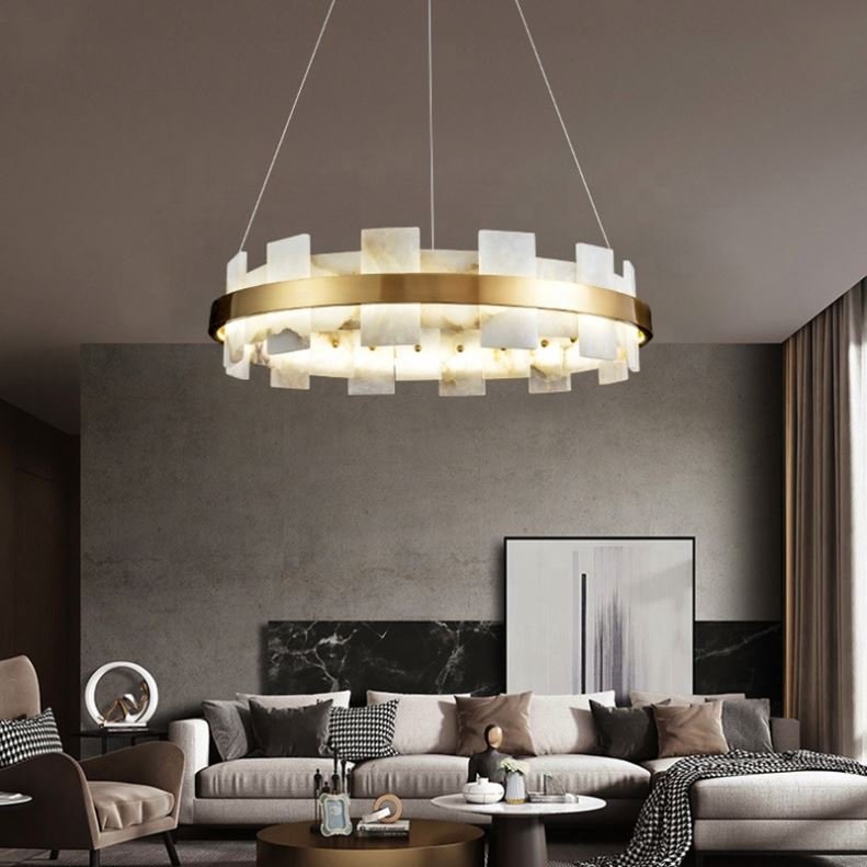 Nordic Modern Luxury Alabaster Lamp Customized All-Copper Pendant Light Hotel Villa Living Room Minimalist Style AC Power Source