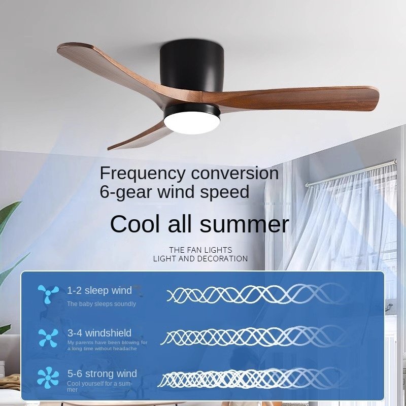 Nordic Style Solid Wood Fan Leaf Ceiling Light Household Bedroom Living Room Ceiling Fan Light Low Floor Electrified Fan Cooler