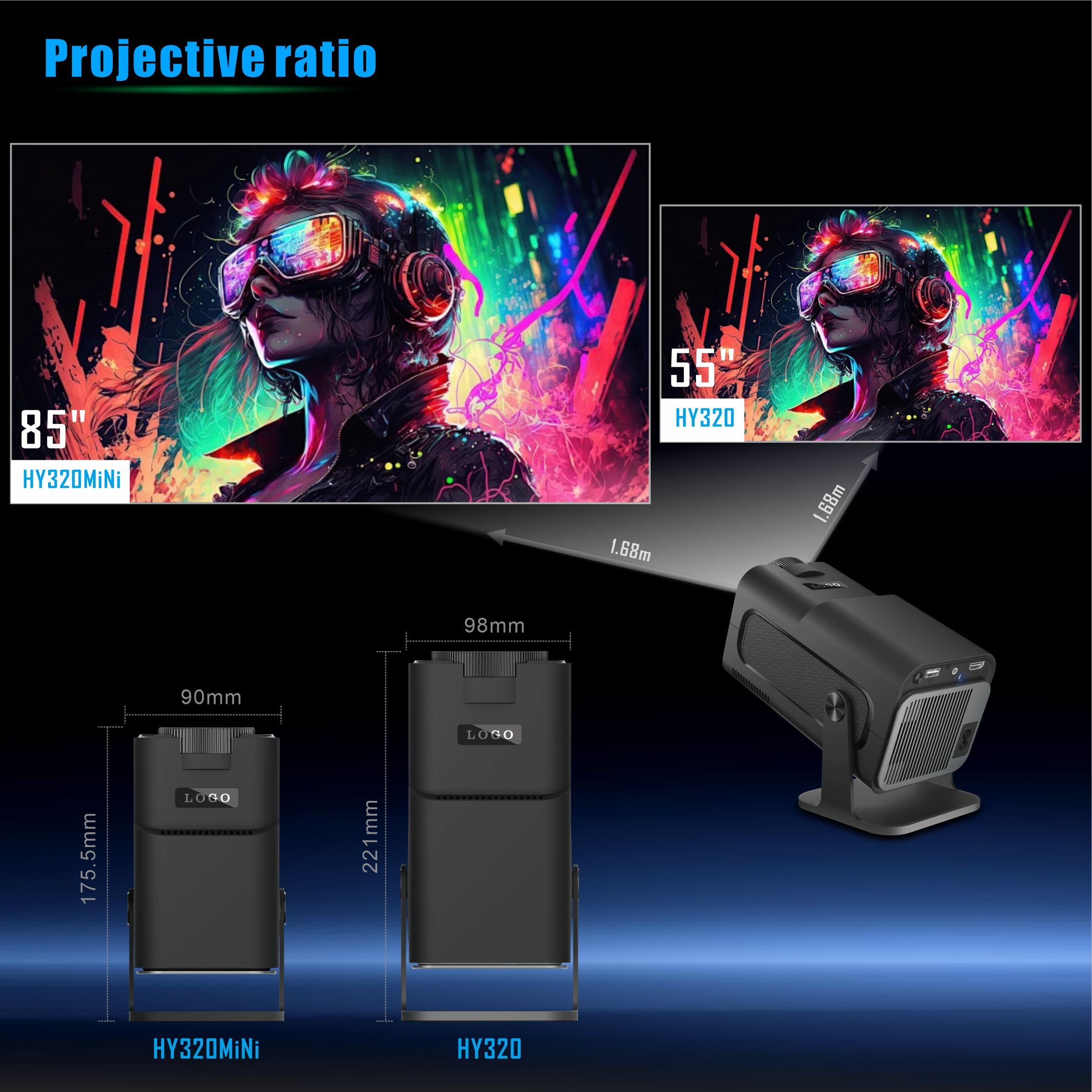 HY320 Mini 4K Smart Projector with WiFi Bluetooth Android 13 Support 720P HD 270 Adjustable Auto Keystone Correction LED Lamp