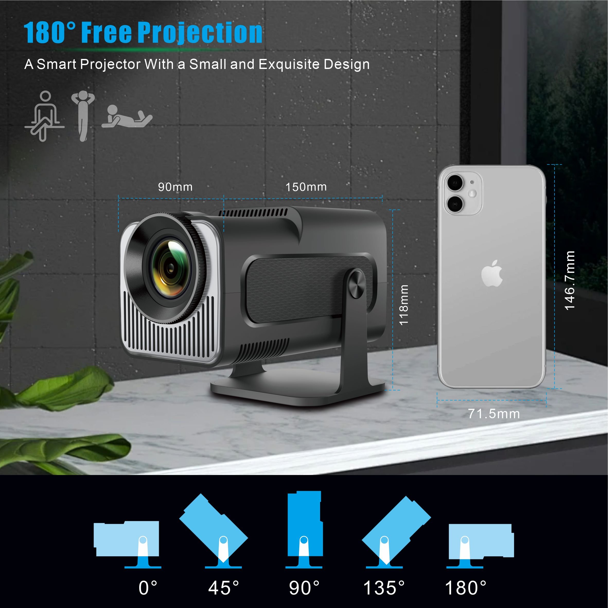 HY320 Mini 4K Smart Projector with WiFi Bluetooth Android 13 Support 720P HD 270 Adjustable Auto Keystone Correction LED Lamp