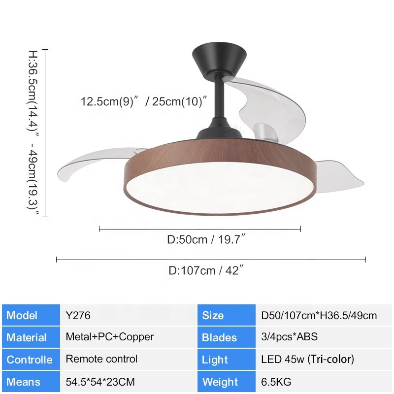 Y276 Modern 42 Inch LED Ceiling Fans 110/220V DC Motor Remote Control with Luz Designer and Ventilador Oculto for Bedroom