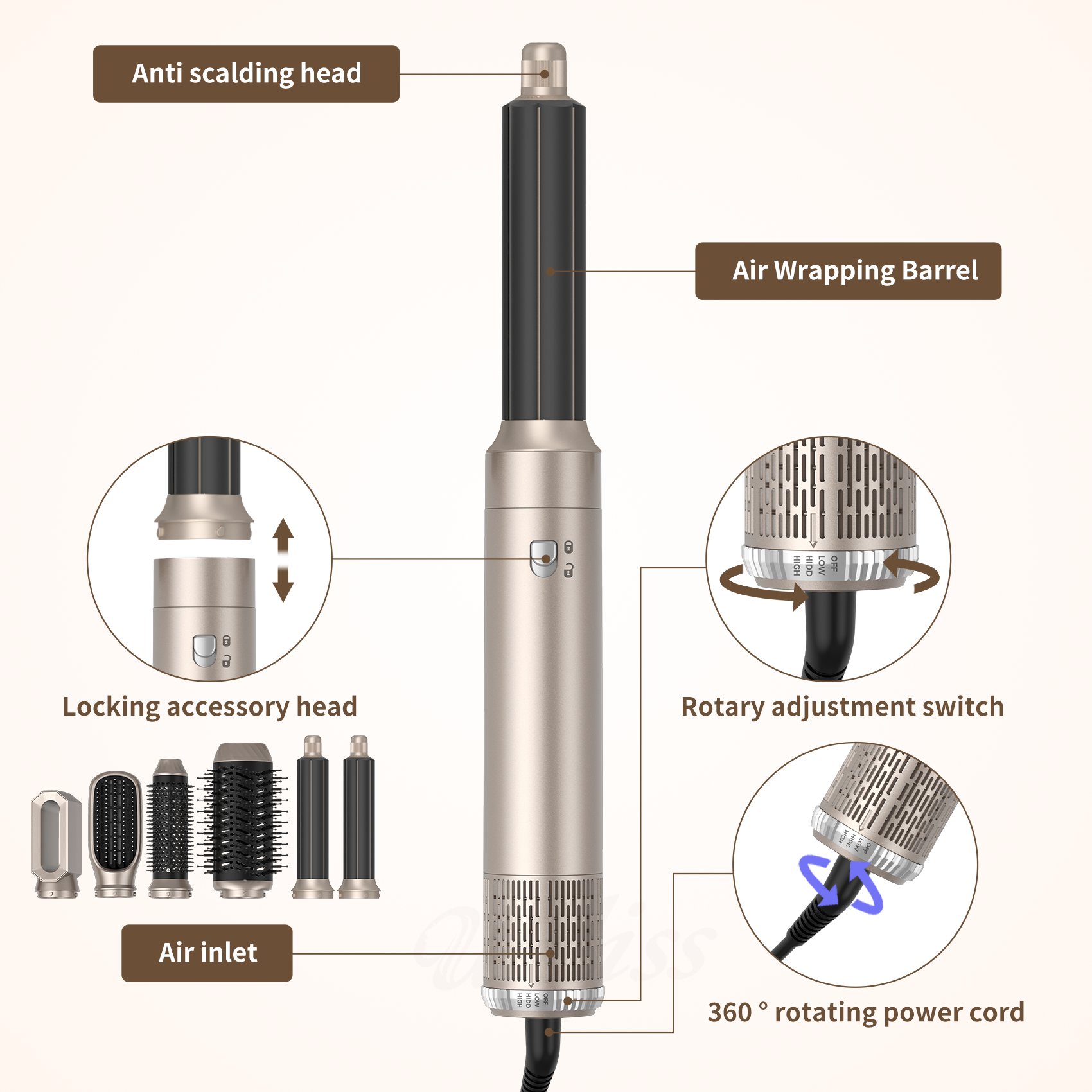 Hair Dryer Brush 6 in 1 Hot Air Styler and Rotating Hair Dryer Negative Ionic Ceramic Coating Auto Absorption Curling Iron