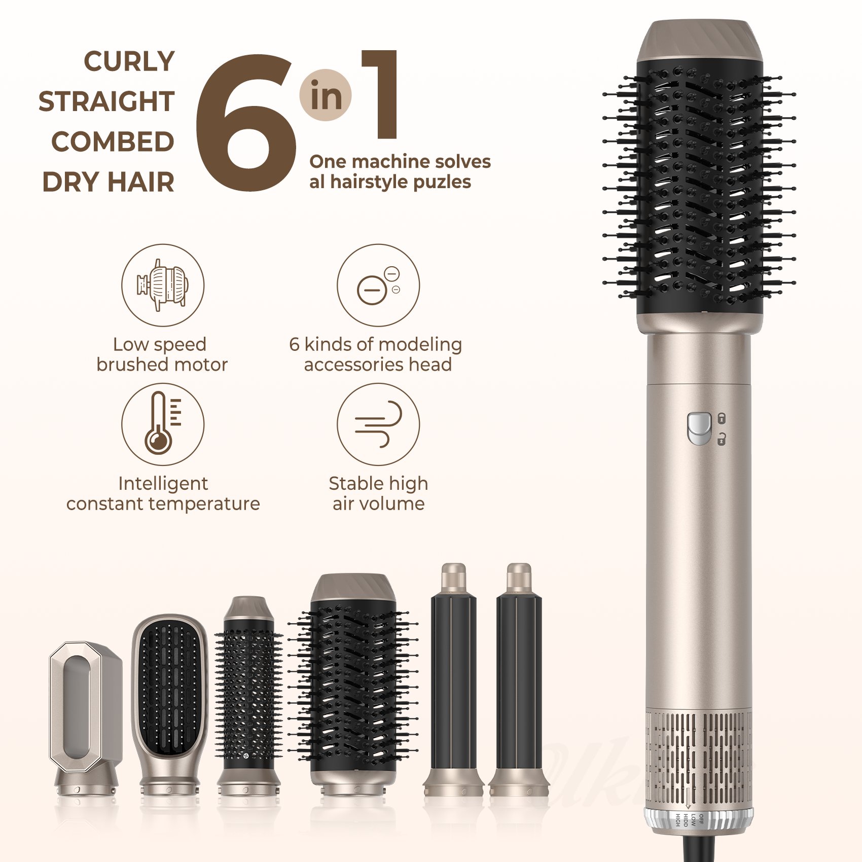 Hair Dryer Brush 6 in 1 Hot Air Styler and Rotating Hair Dryer Negative Ionic Ceramic Coating Auto Absorption Curling Iron