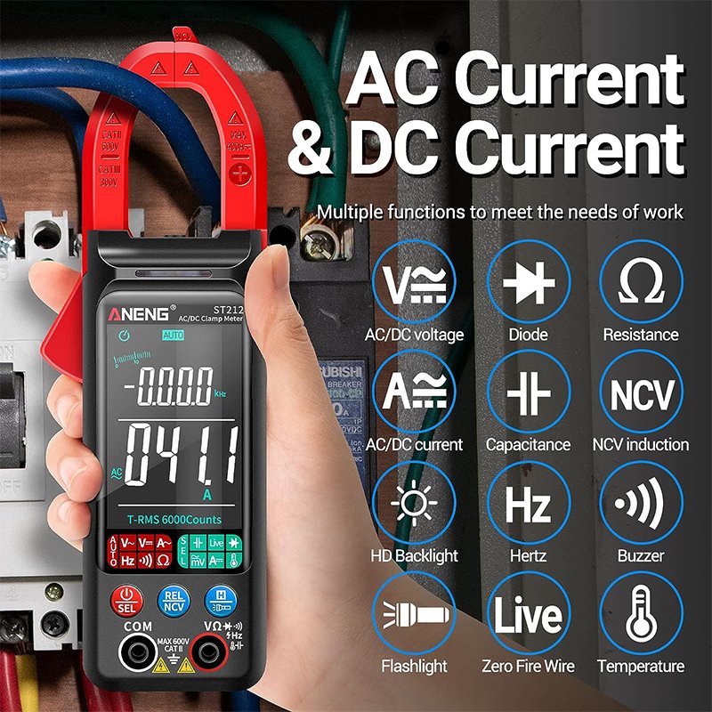Clamp Meter AC DC Digital Auto Ranging TRMS 6000 Counts AC/DC Current Voltage ANENG ST212