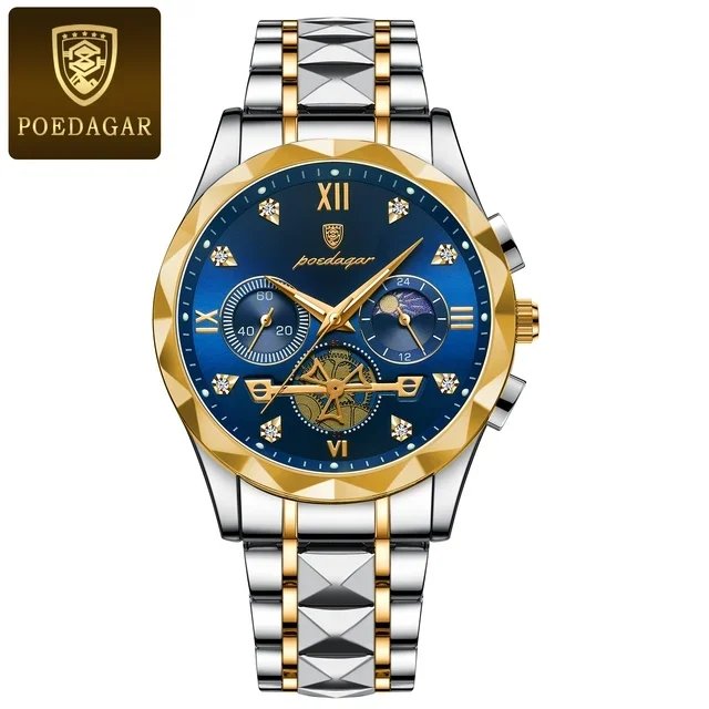 POEDAGAR Luxury Man Wristwatch Stainless Steel Men's Quartz Watches Waterproof Luminous Chronograph Watch for Men Reloj Hombre