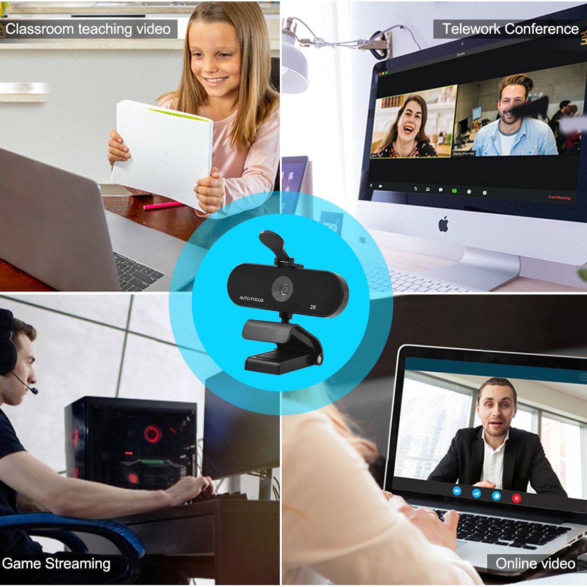 HD 2K Web Camera PC Webcam with Microphone Auto Focus USB Webcam for Desktop Live Streaming Computer