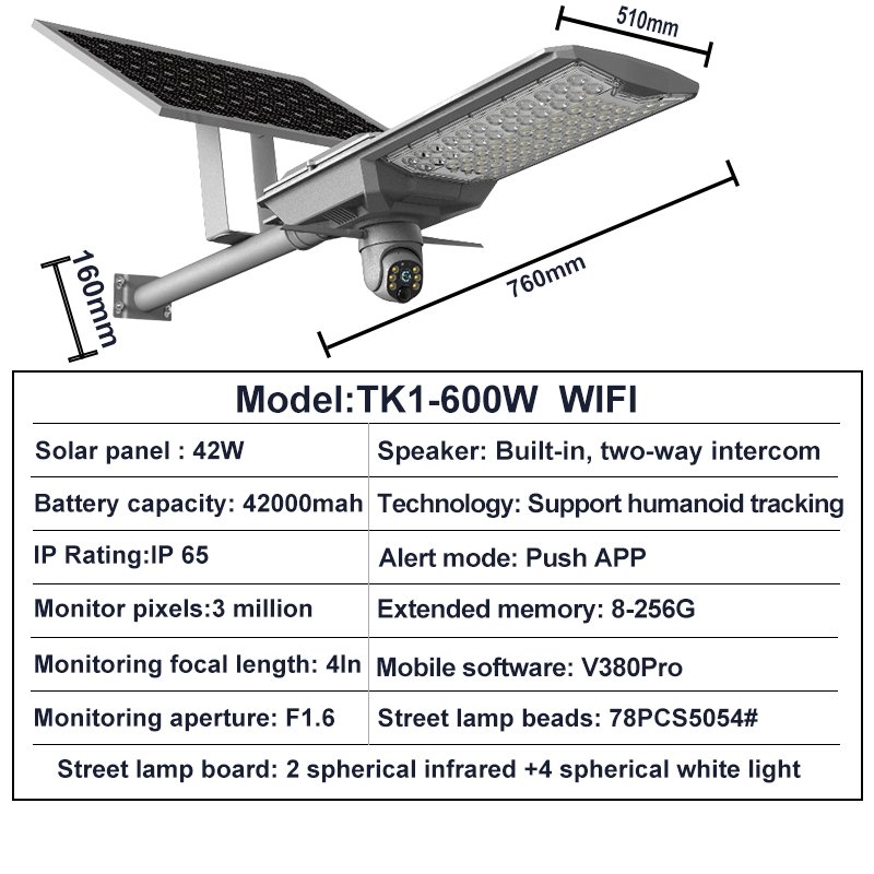 Omsen 600W Split Aluminum 2 in 1 Solar Street Lights Monitor Security Lamp Outdoor With Cctv Camera Wifi 4G V380 Pro
