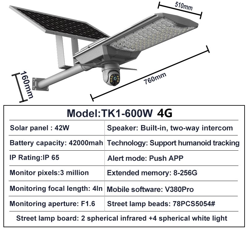 Omsen 600W Split Aluminum 2 in 1 Solar Street Lights Monitor Security Lamp Outdoor With Cctv Camera Wifi 4G V380 Pro