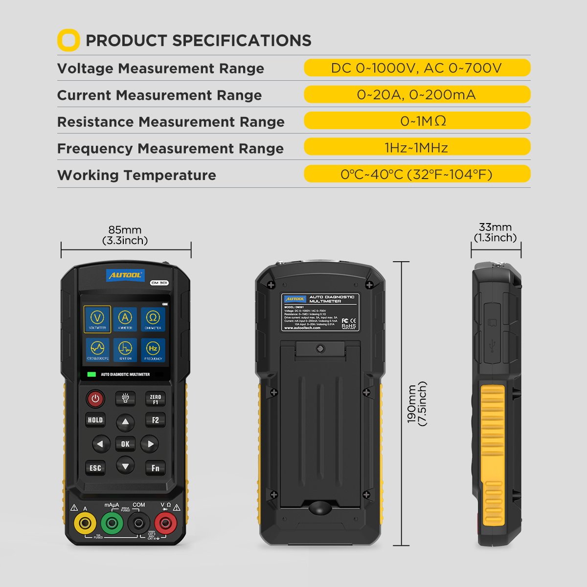 AUTOOL Custom Logo DM301 All in 1 Current Voltage Meter Auto Range Analog and Digital Digitales Multimeter for Car