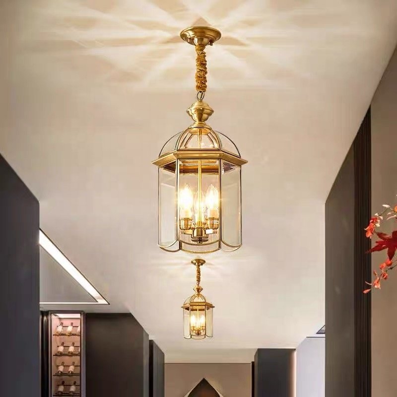 All Copper Outdoor Pendant Lamp Waterproof Garden Balcony Long Corridor Frame Pavilion Pendant Lamp Courtyard Door Outdoor