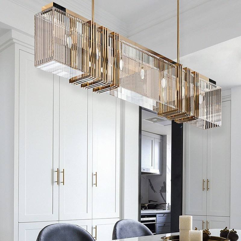 Metal Frame Pendant Light Fixtures Dining Room Rectangular Luxury Modern K9 Led Crystal Chandeliers