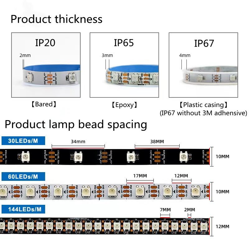 DC5V WS2812B Individually Addressable Led Strip 30/60/100/144 Leds/m Black/White PCB IP30/65/67 Smart RGBIC Led Light 1M to 5M
