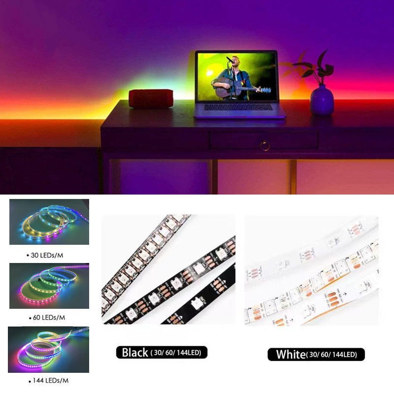 DC5V WS2812B Individually Addressable Led Strip 30/60/100/144 Leds/m Black/White PCB IP30/65/67 Smart RGBIC Led Light 1M to 5M