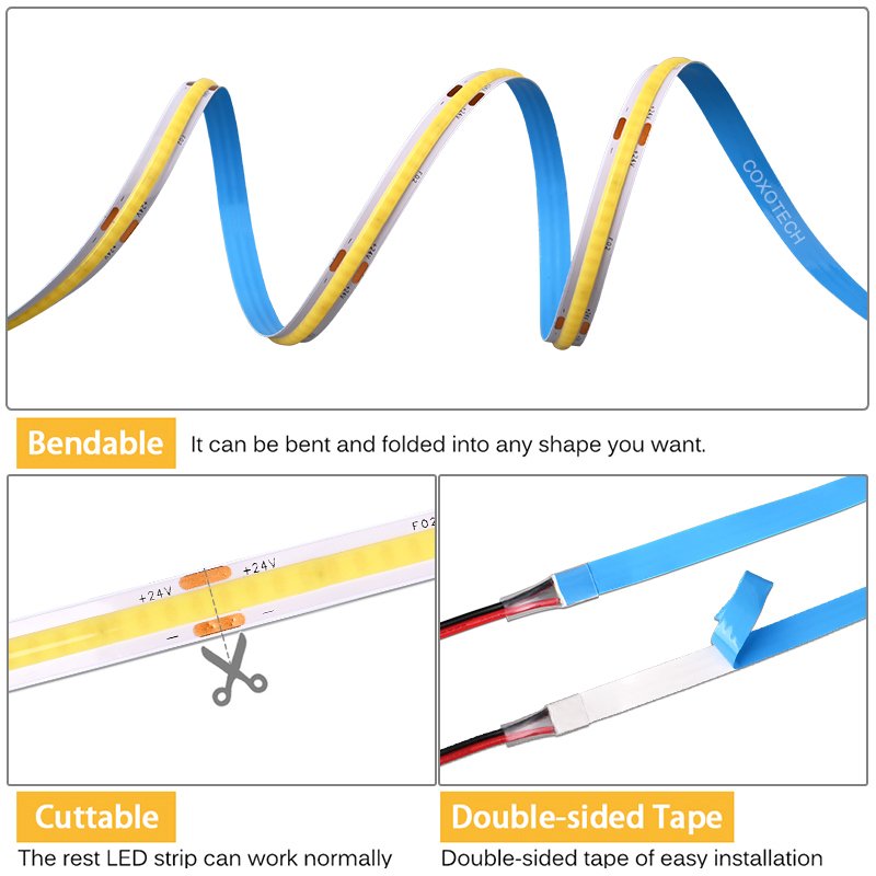 COXO Flexible White Cob Led Strip Light 12V 24V 3000K 4000K 6500K UL Ce Rohs No-rgbw Waterproof Smart Strip Lights