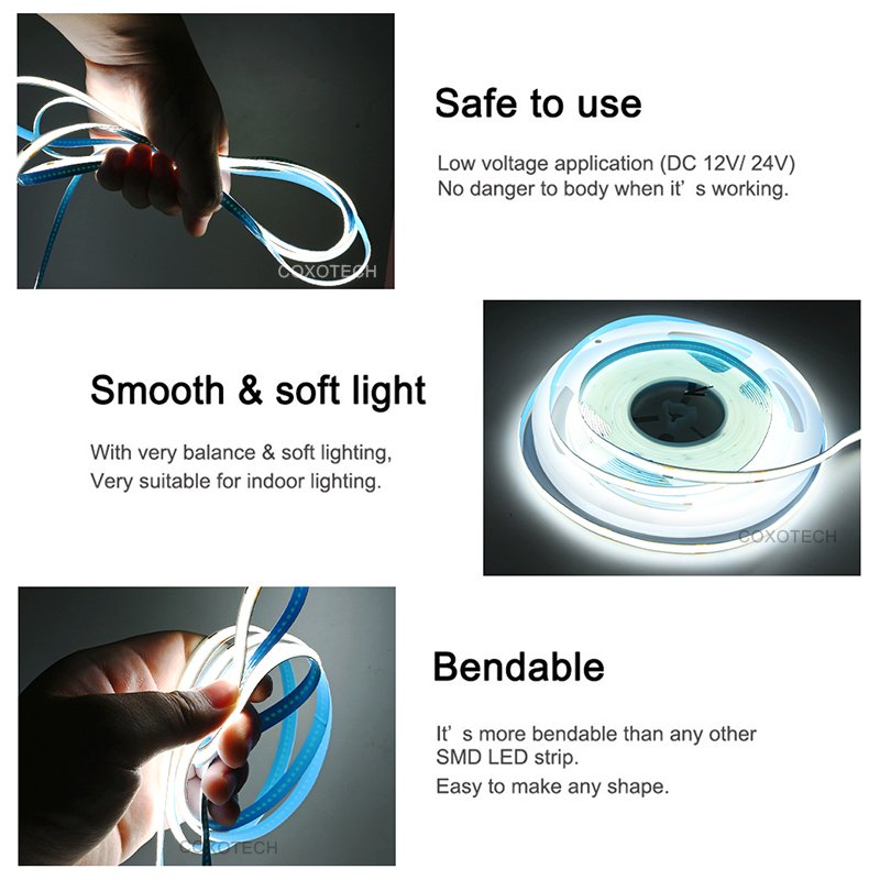 COXO Flexible White Cob Led Strip Light 12V 24V 3000K 4000K 6500K UL Ce Rohs No-rgbw Waterproof Smart Strip Lights