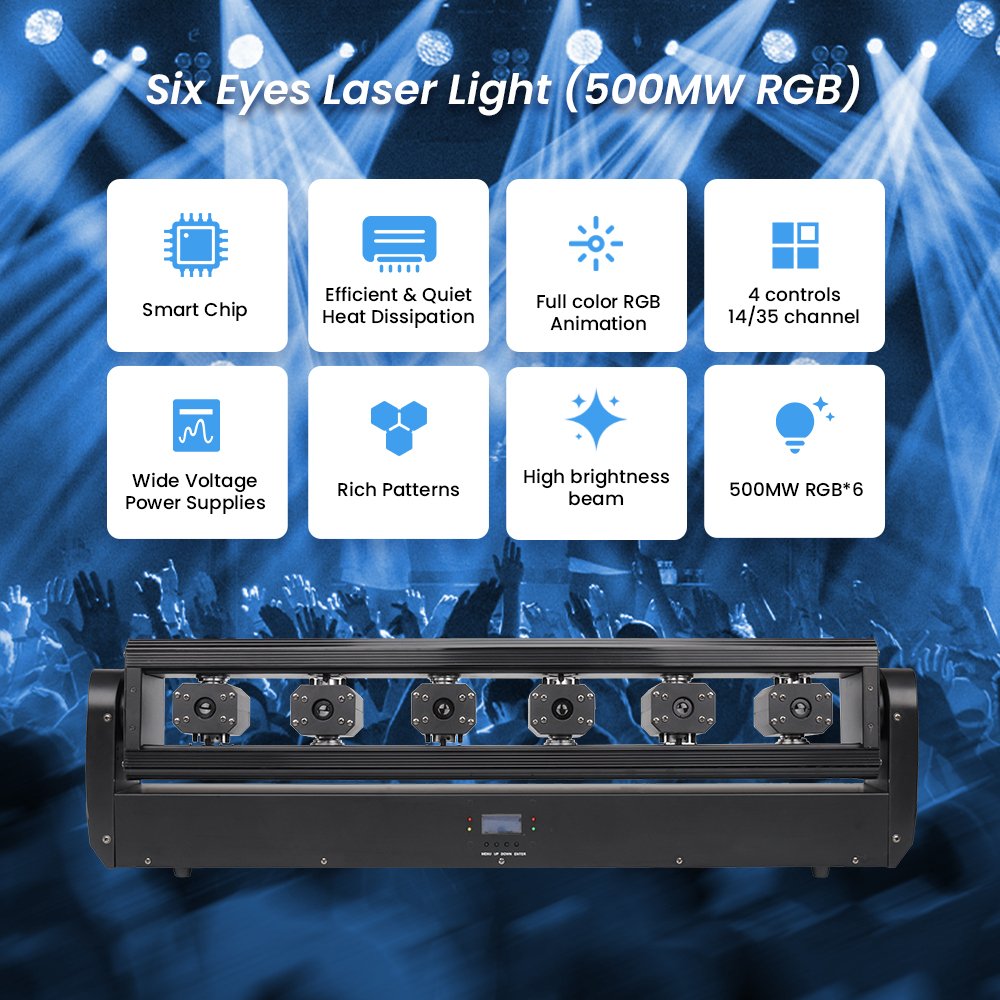 Full Color 6 Eyes Dj Laser Light Disco 500mw RGB Lazer Light DMX Stage Moving Head Laser Bar