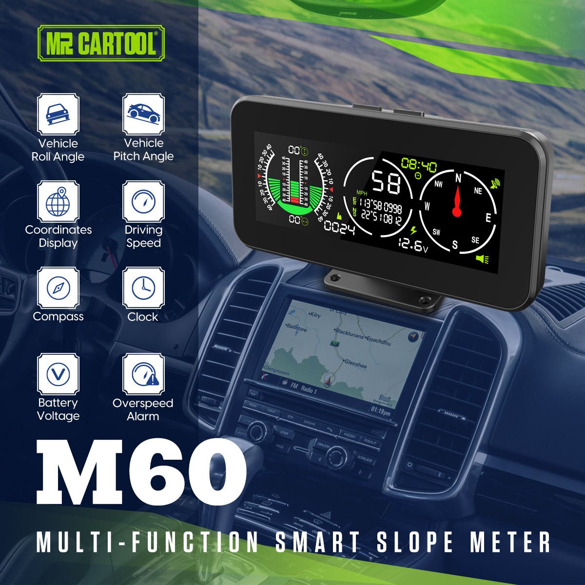 Factory M60 Auto Road Accessories Digital Tilt Meter GPS Speed Slope HUD Clock Compass Inclinometer Speedometer Slope Meter for