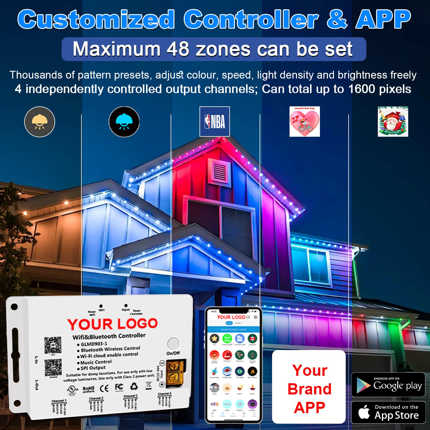 Addressable Pixel Controller Wireless Cloud Wifi Controller Light Dimmer Music Sync Smart Rgb 4 Output Pixel Light Controller