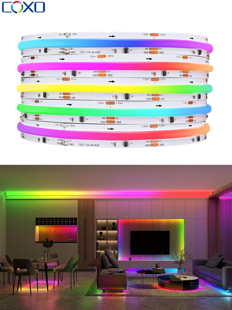 Coxo Flowing Water Addressable Dreamcolor 5 Meter Flexible Smart Magic Pixel Digital Ws2811 Cob Rgbic Led Strip Lights 12v 24v