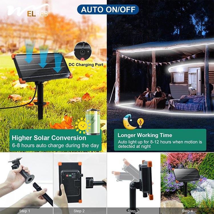 Outdoor Solar LED Garden Lights IP68 Waterproof Acrylic Tape Remote Control Self-adhesive Cutting Automatic On/off Rope Light