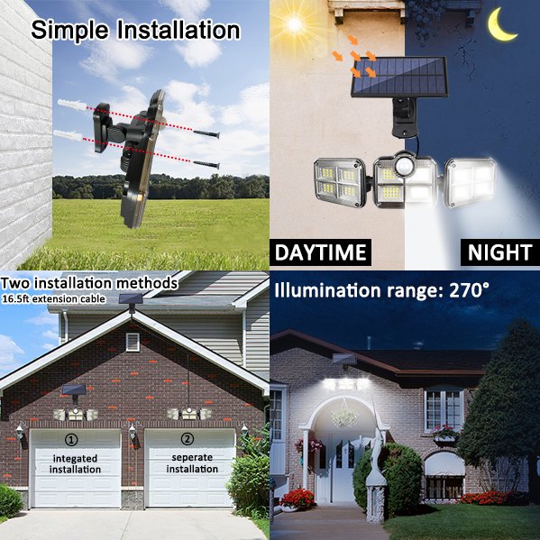 Motion Sensor Outdoor Waterproof 122 SMD LED 3 Heads Solar Garden Light With Remote Control
