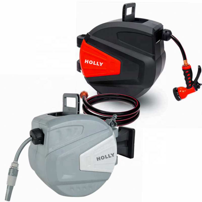 180 Horizontal Rotate Wall Mount Rewind Hose Reel Prevent Distortion Quick Connector 20M Automatic Lock at Any Length Hose Reel