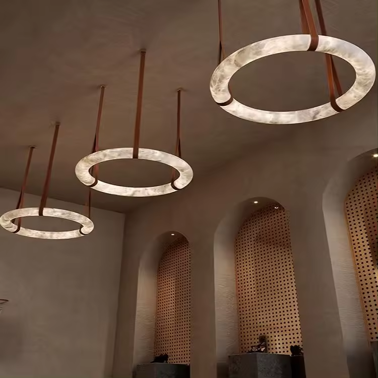 European Villa Hotel Living Room Lobby Showroom Custom Modern Ring Circle Round Design Marble Alabaster Chandeliers Lights
