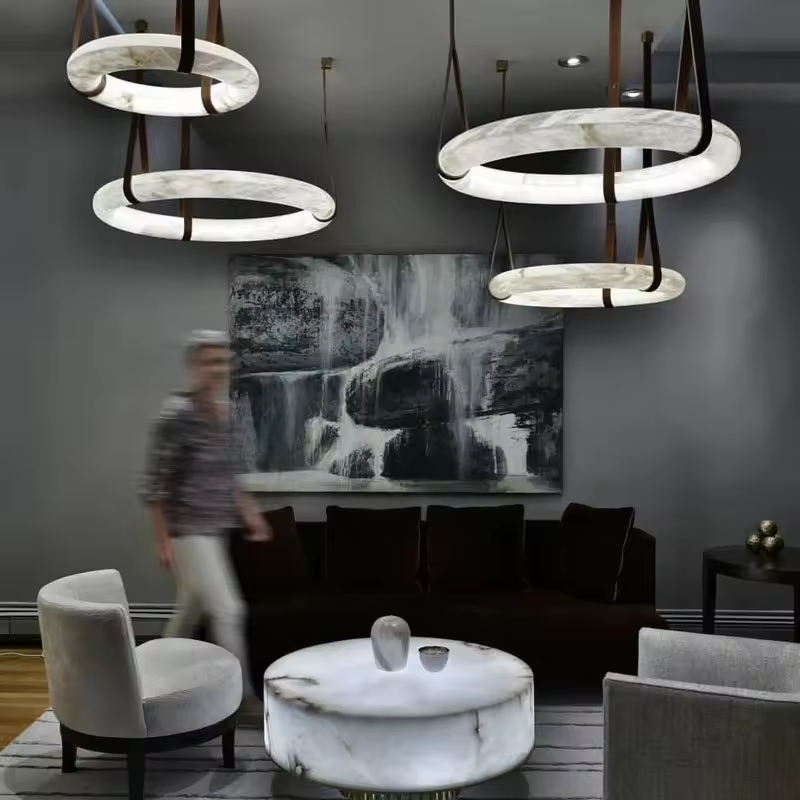 European Villa Hotel Living Room Lobby Showroom Custom Modern Ring Circle Round Design Marble Alabaster Chandeliers Lights