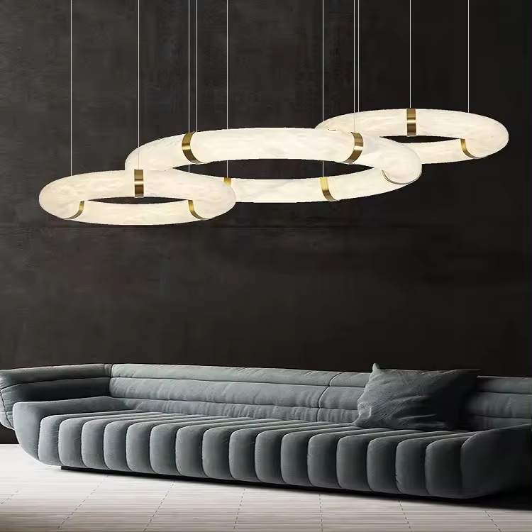 European Villa Hotel Living Room Lobby Showroom Custom Modern Ring Circle Round Design Marble Alabaster Chandeliers Lights