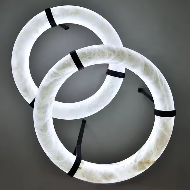 European Villa Hotel Living Room Lobby Showroom Custom Modern Ring Circle Round Design Marble Alabaster Chandeliers Lights