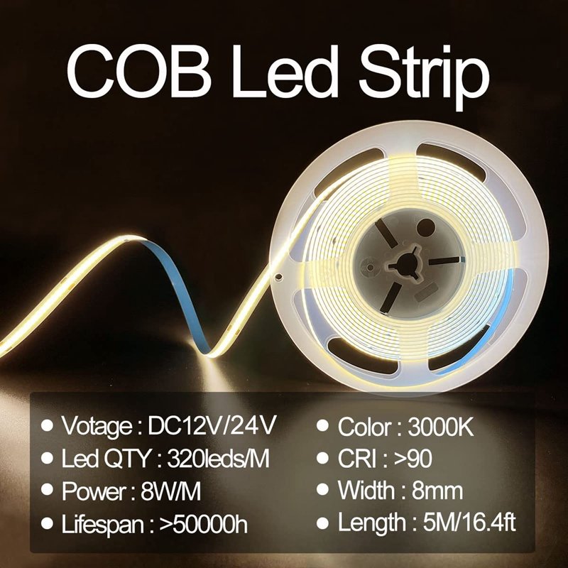 High Density Flexible COB LED Strip Light 3000K 4000K 6000K Dimmable 12V 24V Cob Strip Lights