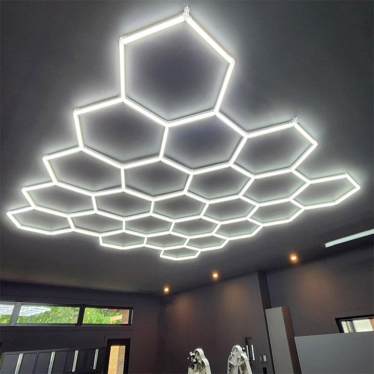 Custom Bezel Blue Red Auto Detailing Workshop Lighting 110-240V LED Hexagonal Ceiling Lights Garage Honeycomb Lights