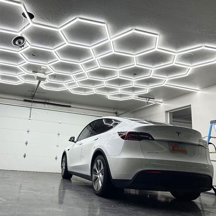 Custom Bezel Blue Red Auto Detailing Workshop Lighting 110-240V LED Hexagonal Ceiling Lights Garage Honeycomb Lights